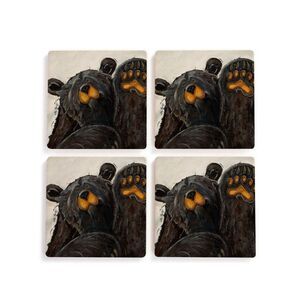 Black Bear Coaster "Howdy" by Jeff Fleming Bearfoots Barware Set of 4 Kitchen